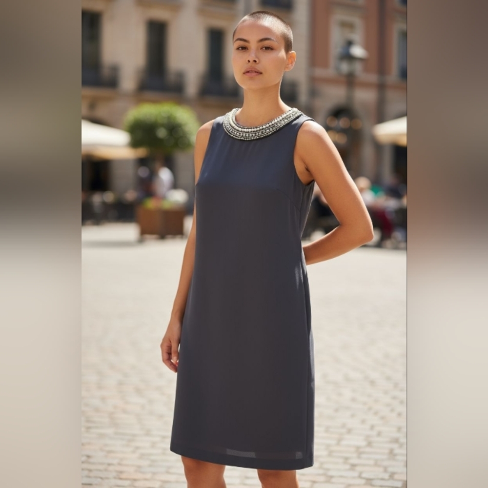 Connected Apparel Black Midi Dress with Embellished Neckline